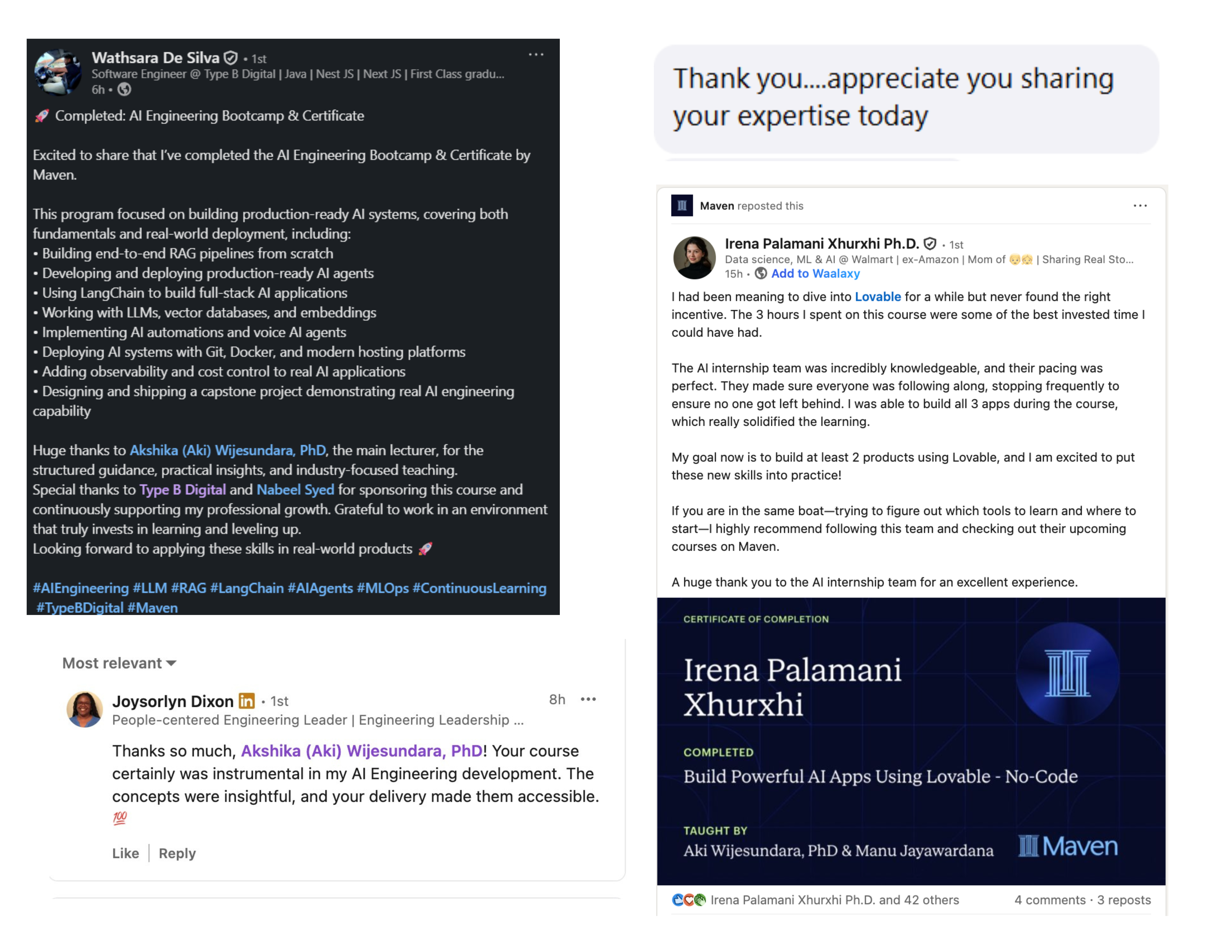 Student testimonials and course feedback